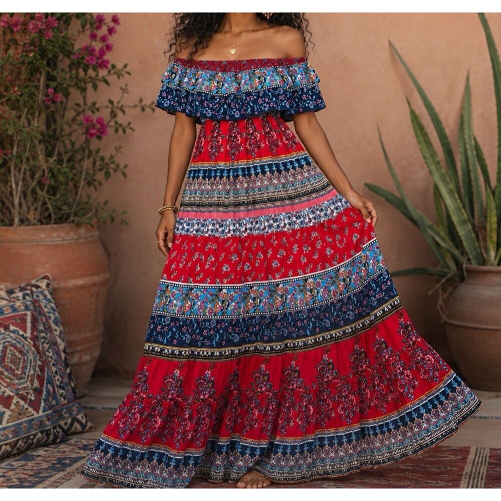 Patrons of Peace Maxi Boho Dress Women Small S Floral Ruffle Off Shoulder